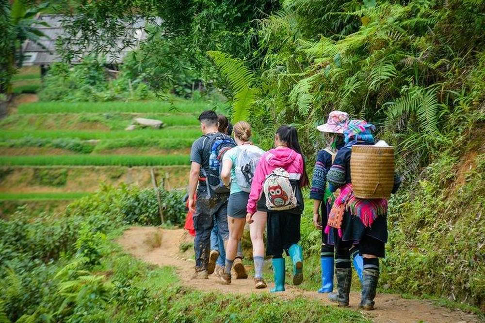Guide hmong sur un sentier de randonnée à Sa Pa.