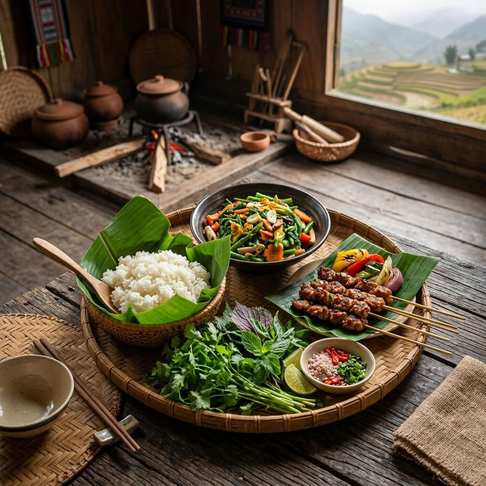 Repas traditionnel dans la région de Sa Pa.